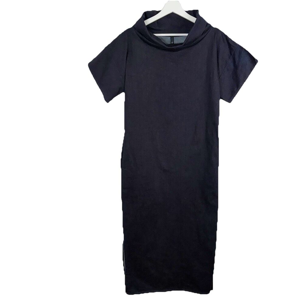 GARNISH PDX Small Dark Denim Maxi Dress Fold Over Neck Short Sleeve Side Slits